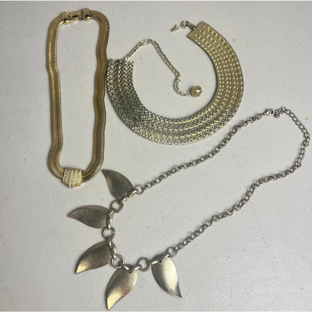 Gold Tone Snake Chain Necklace Collar Fringe Bib Leaf Vintage Estate Jewelry Lot